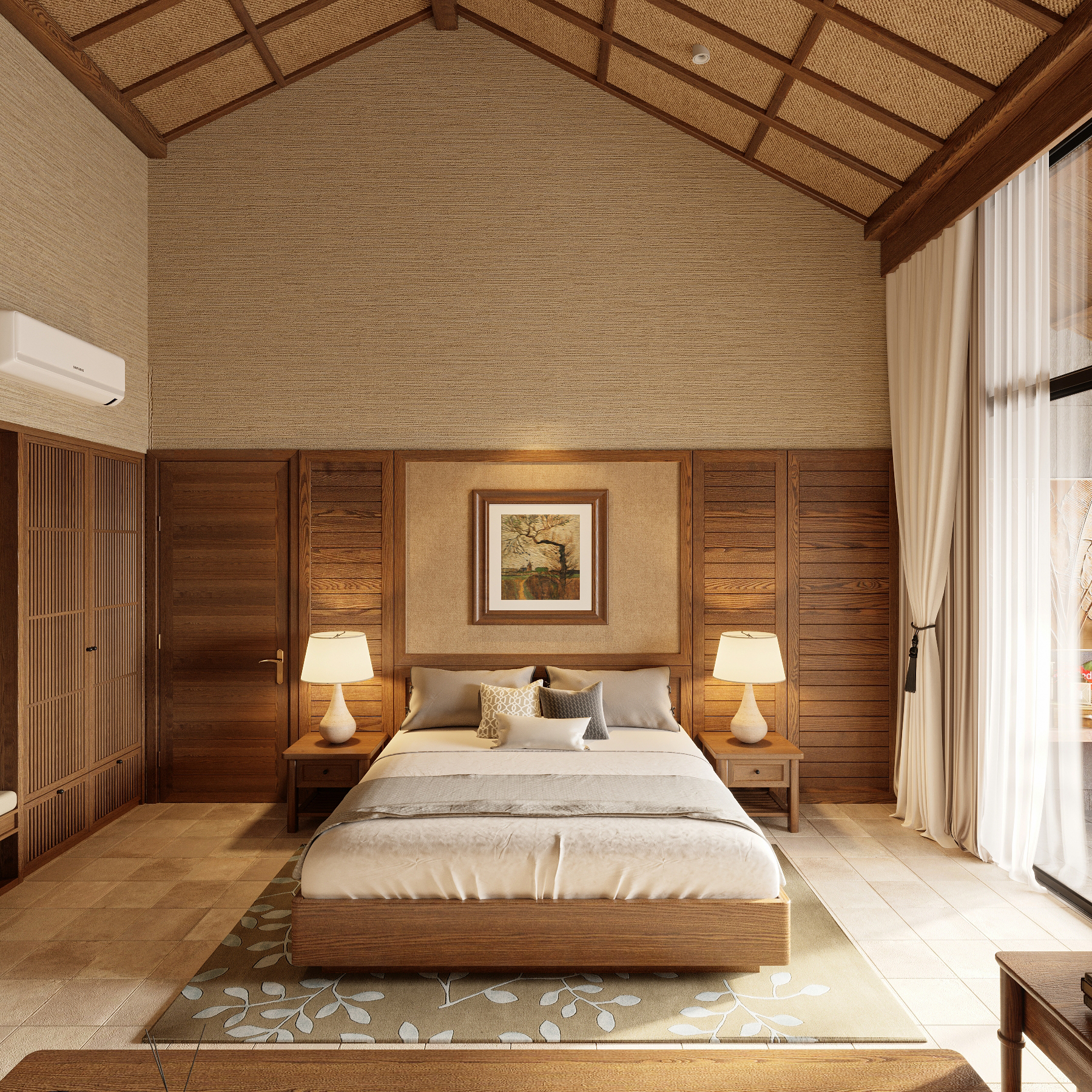 Phòng ngủ en-suite NAMO — trần vòm tre đan, đèn bàn ấm, gỗ tự nhiên