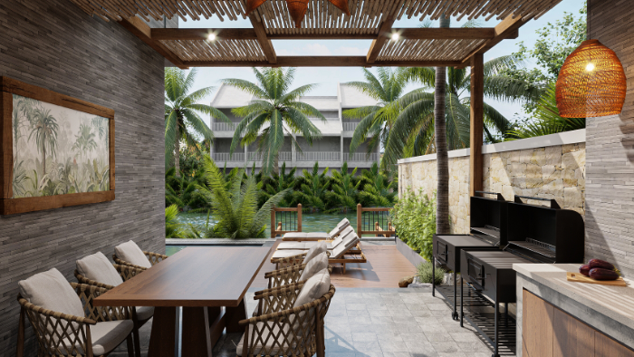 Pergola BBQ NAMO — bàn ăn dài, đèn lồng treo, cây xanh xung quanh
