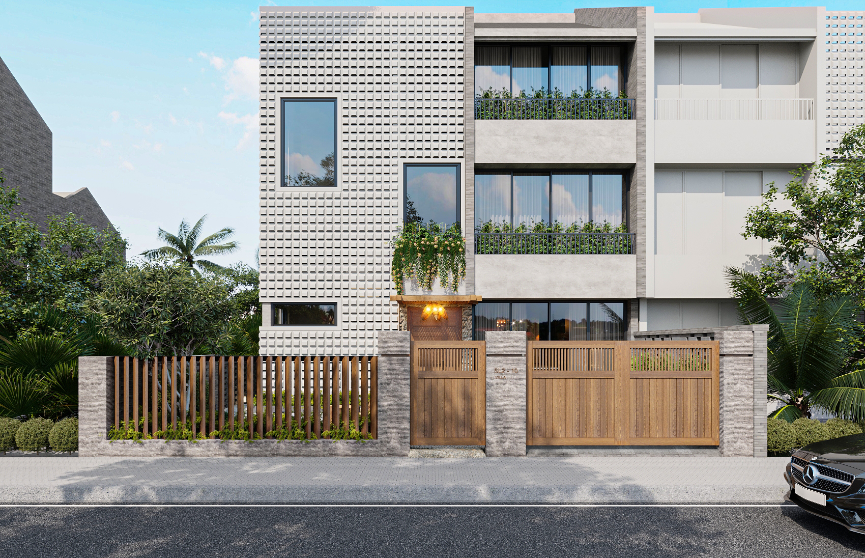 Mặt tiền villa NAMO Hoian — ba tầng, tường gạch lỗ kiến trúc miền Trung, ban công riêng nhìn ra sông Cổ Cò