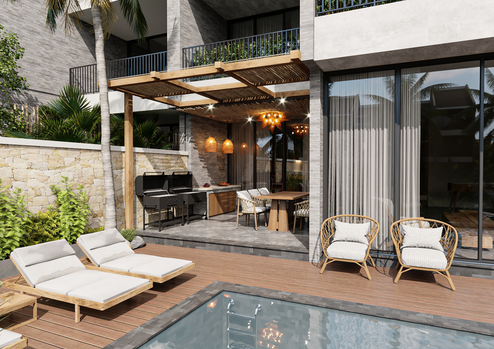 Pergola BBQ buổi tối NAMO — đèn lồng vàng ấm, ghế ngồi quanh hồ bơi, ánh sáng warm