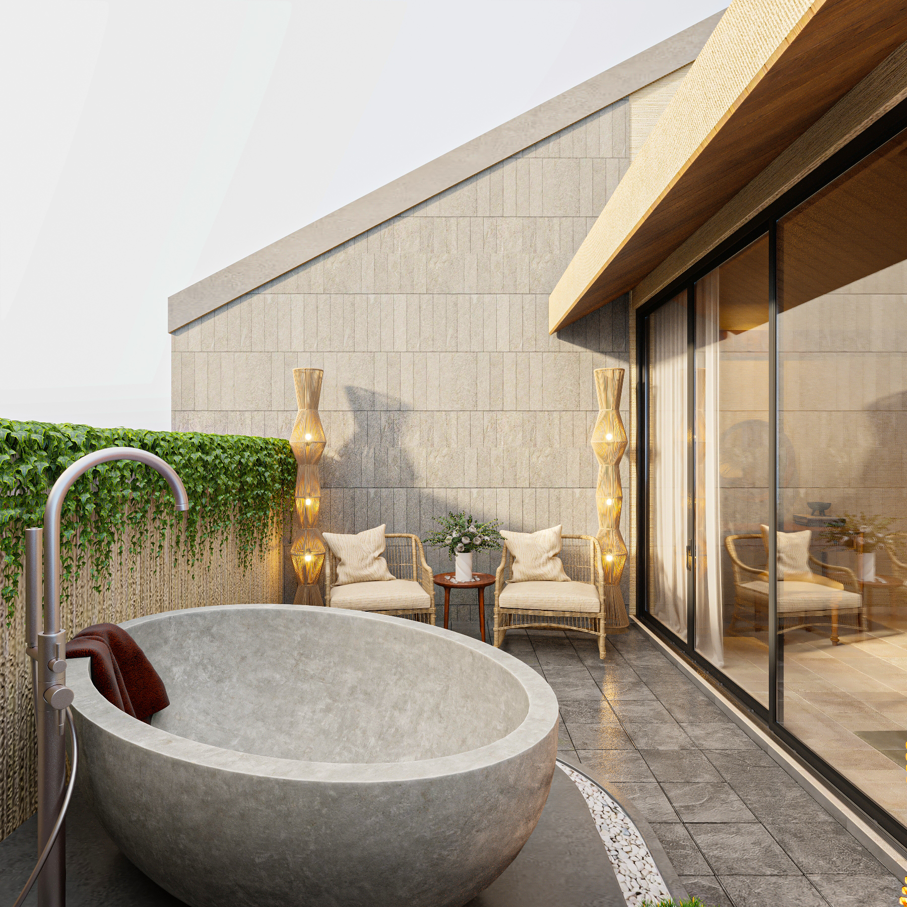 Sky Lounge tầng thượng NAMO — bồn ngâm đá ngoài trời, đèn lồng, vách cây xanh leo